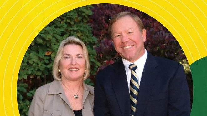 Portrait of Nancy and Dave Petrone with yellow and green graphic treatment