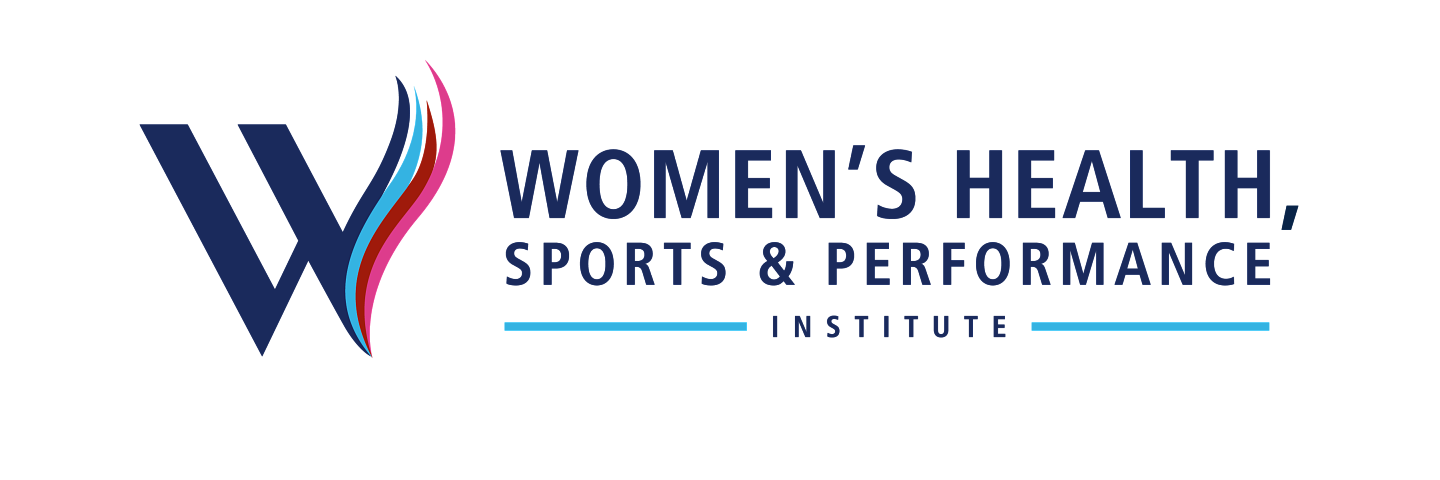 Women's health, sports and performance logo with blue, pink, and purple text