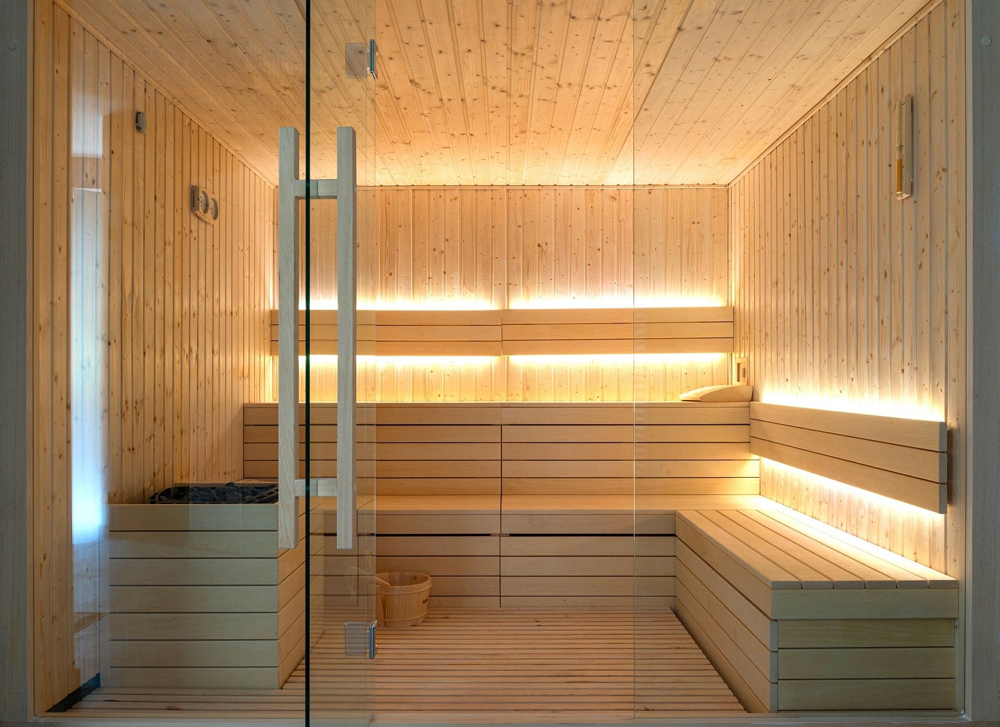 an empty, wooden sauna