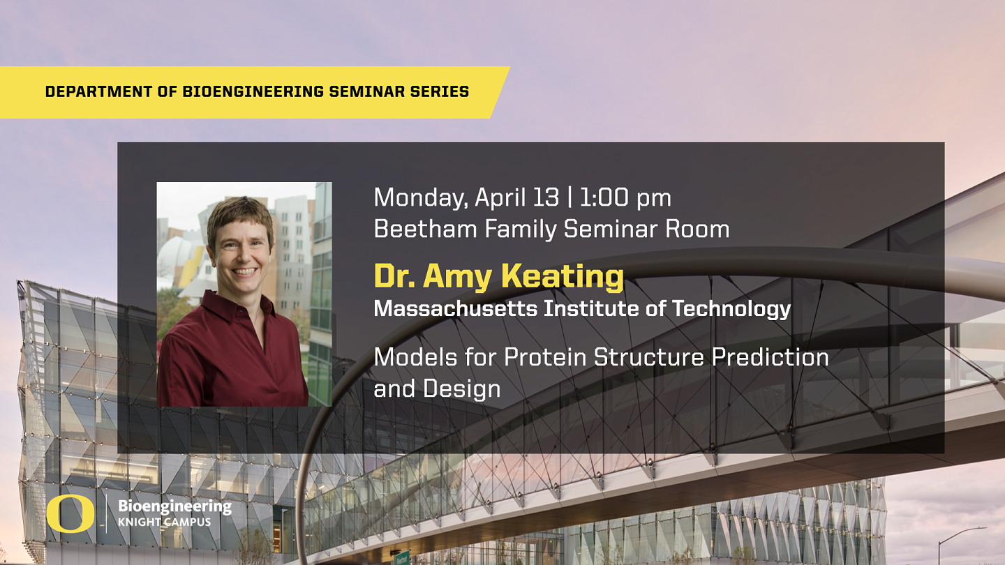 Promotional slide advertising April 13 lecture with MITs Amy Keating