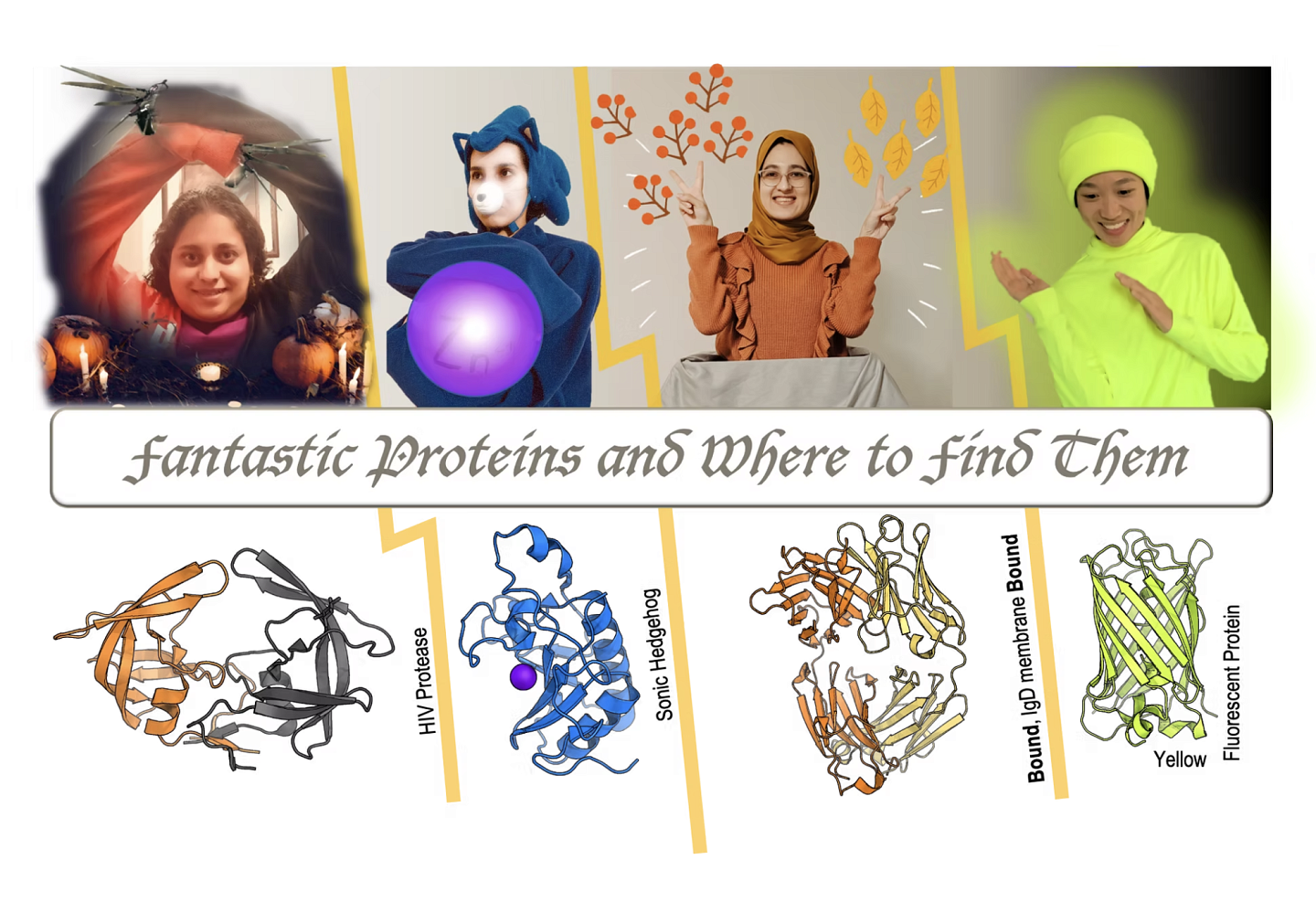 People in costume, dressed as proteins, with the protein structure beneath them - for a halloween cosutme