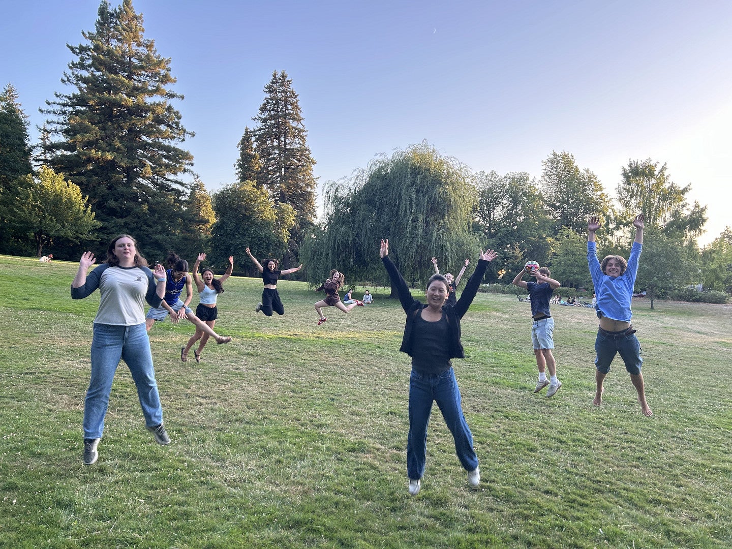 a group of people jumping up, in a scenic park with a blue sky and trees