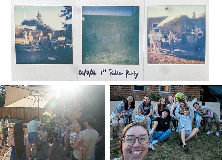Collage of polaroids from lab barbecue showing lab members in various outdoor candid photos