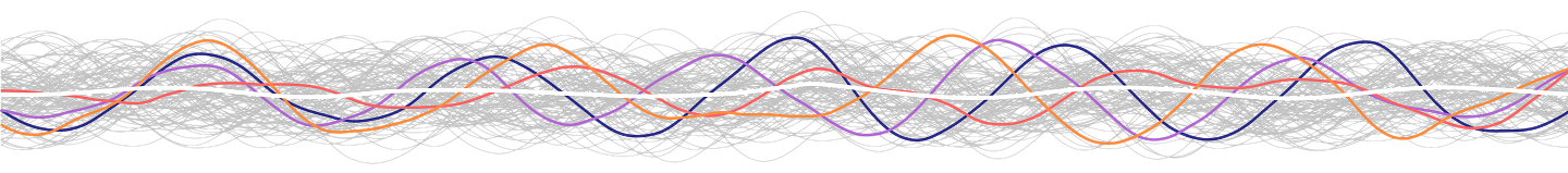 Waves of purple, blue, orange, grey, and white