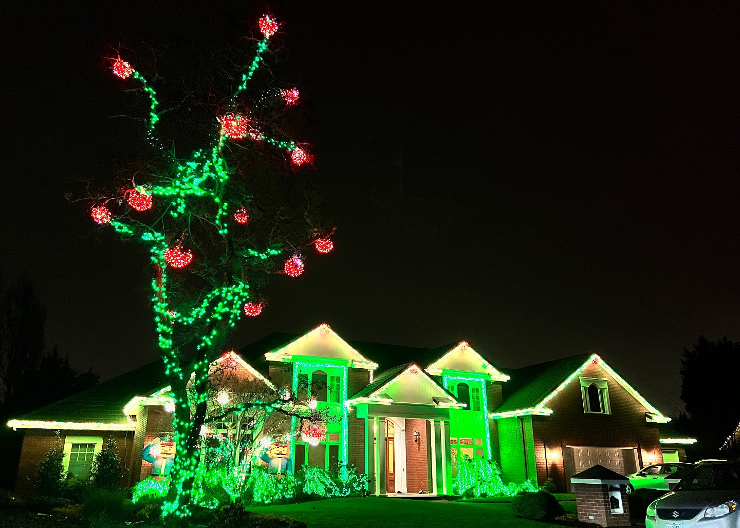Green holiday lights on house at night