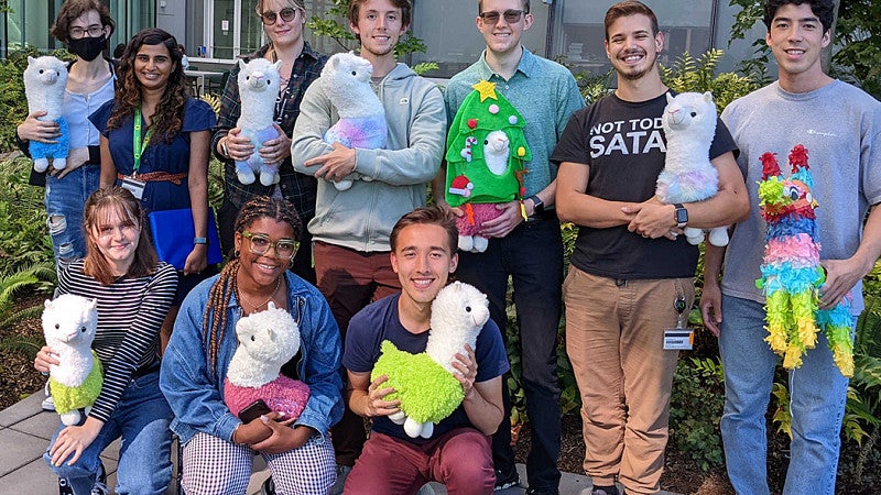 A group of several people holding stuffed llamas on an outdoor terrace