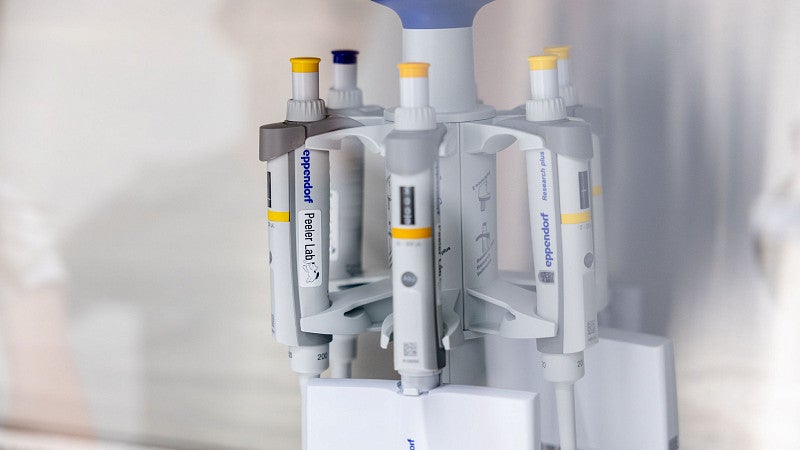 A group of grey pipettes on a stand, in a fume hood