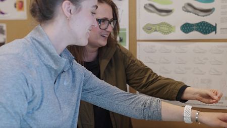 Product design master's student Gabi Lorenzo in the studio with Sports Product Design Director Susan Sokolowski