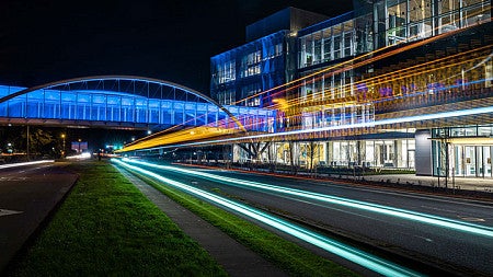 Knight Campus at night with long exposure