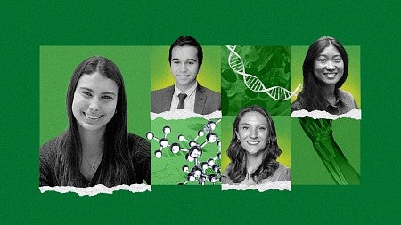 Headshots of studnets, and science content like molecules, DNA and a bone break