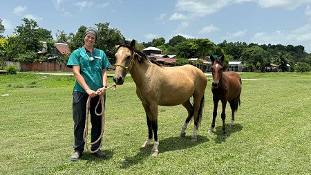 Knight Campus Clinical Research Associate Kait Link wearing veterinary scrubs and smiling with horse reins in her hands and horse next to her