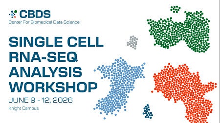 a white background with text that reads 'single cell RNA-seq analysis workshop' and has abstract dots in blue, orange, green