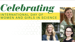 Text reading Celebrating International Day of Women and Girls in Science with three headshots of scientists at the Knight Campus