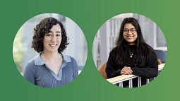 Headshot of two students, cropped in circles, on a green background