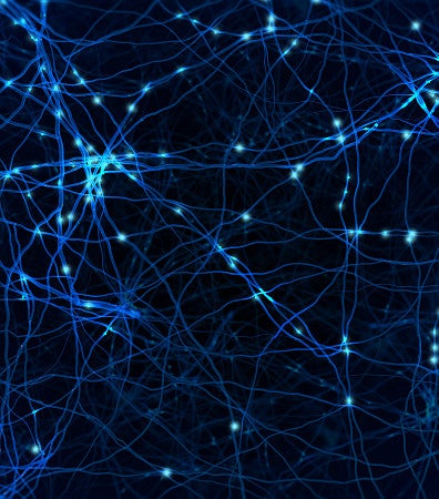 blue neurons with spheres lit up as synapses