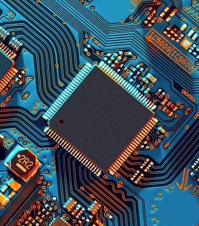 Computer chips in cyan and orange