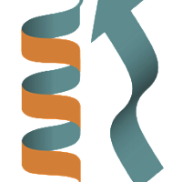 Rosetta commons logo, shown as an orange and teal ribbon with an arrow to show as a protein